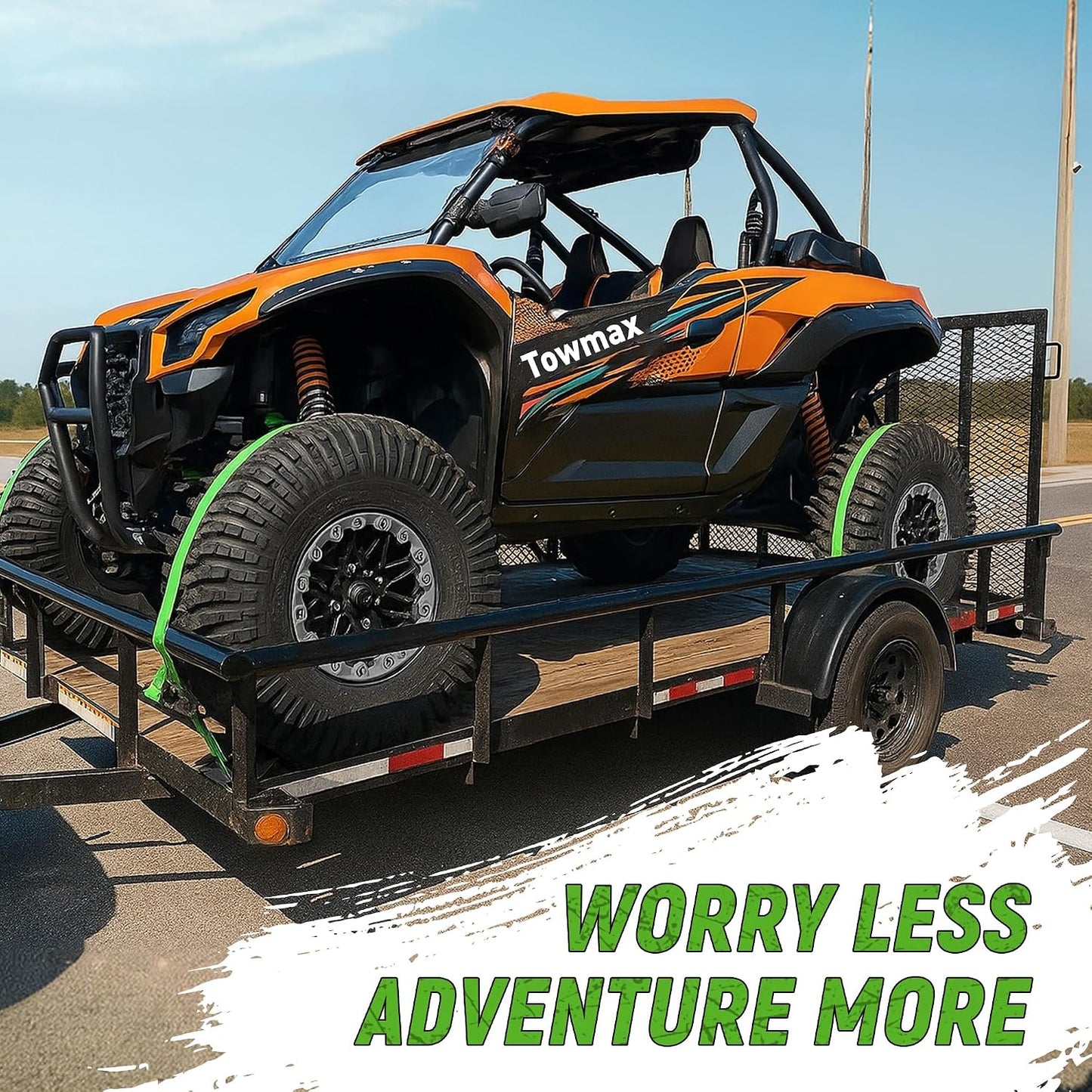 Towmax UTV Wheel Chock Tie-Down Kit, 2" x 8' E Track Ratchet Straps | 4,500lb Break Strength Heavy Duty Trailer Tire Straps System, Wheel Straps for UTV, SXS, ATV, Lawn Mower (2 Pack-Green)