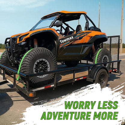 Towmax UTV Wheel Chock Tie-Down Kit, 2" x 8' E Track Ratchet Straps | 4,500lb Break Strength Heavy Duty Trailer Tire Straps System, Wheel Straps for UTV, SXS, ATV, Lawn Mower (2 Pack-Green)