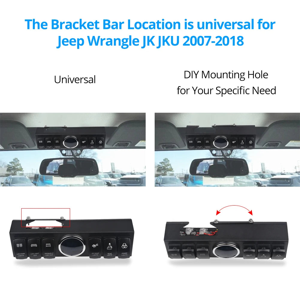 6 Gang Switch Panel for Jeep Wrangler JK 2007-2018 Switch Control System Box Wiring Harness Kit Voltage Meter Digital Display