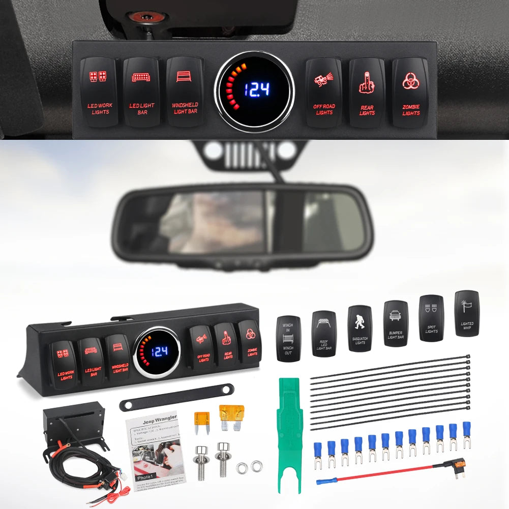 6 Gang Switch Panel for Jeep Wrangler JK 2007-2018 Switch Control System Box Wiring Harness Kit Voltage Meter Digital Display