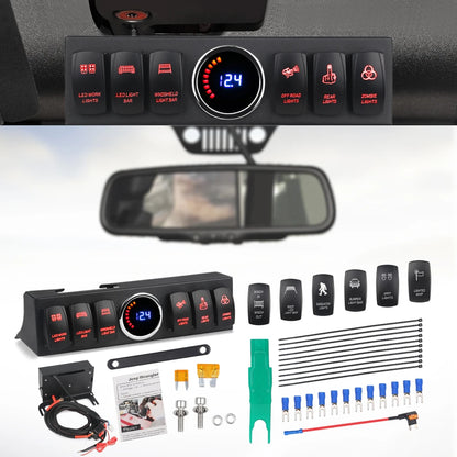 6 Gang Switch Panel for Jeep Wrangler JK 2007-2018 Switch Control System Box Wiring Harness Kit Voltage Meter Digital Display