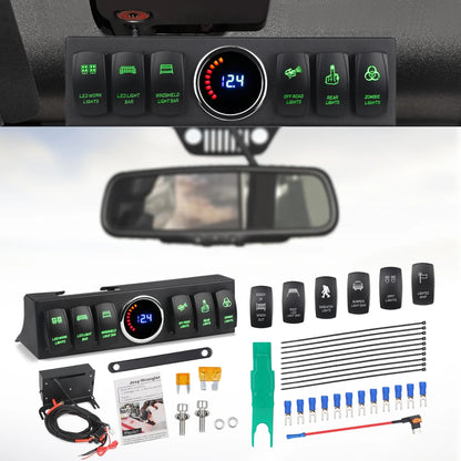 6 Gang Switch Panel for Jeep Wrangler JK 2007-2018 Switch Control System Box Wiring Harness Kit Voltage Meter Digital Display