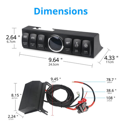 6 Gang Switch Panel for Jeep Wrangler JK 2007-2018 Switch Control System Box Wiring Harness Kit Voltage Meter Digital Display