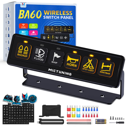 MICTUNING Wireless 6 Gang Switch Panel, with 2 Light Memory Function, 80A Circuit Control Relay Switch Box for 12V Truck SUV UTV