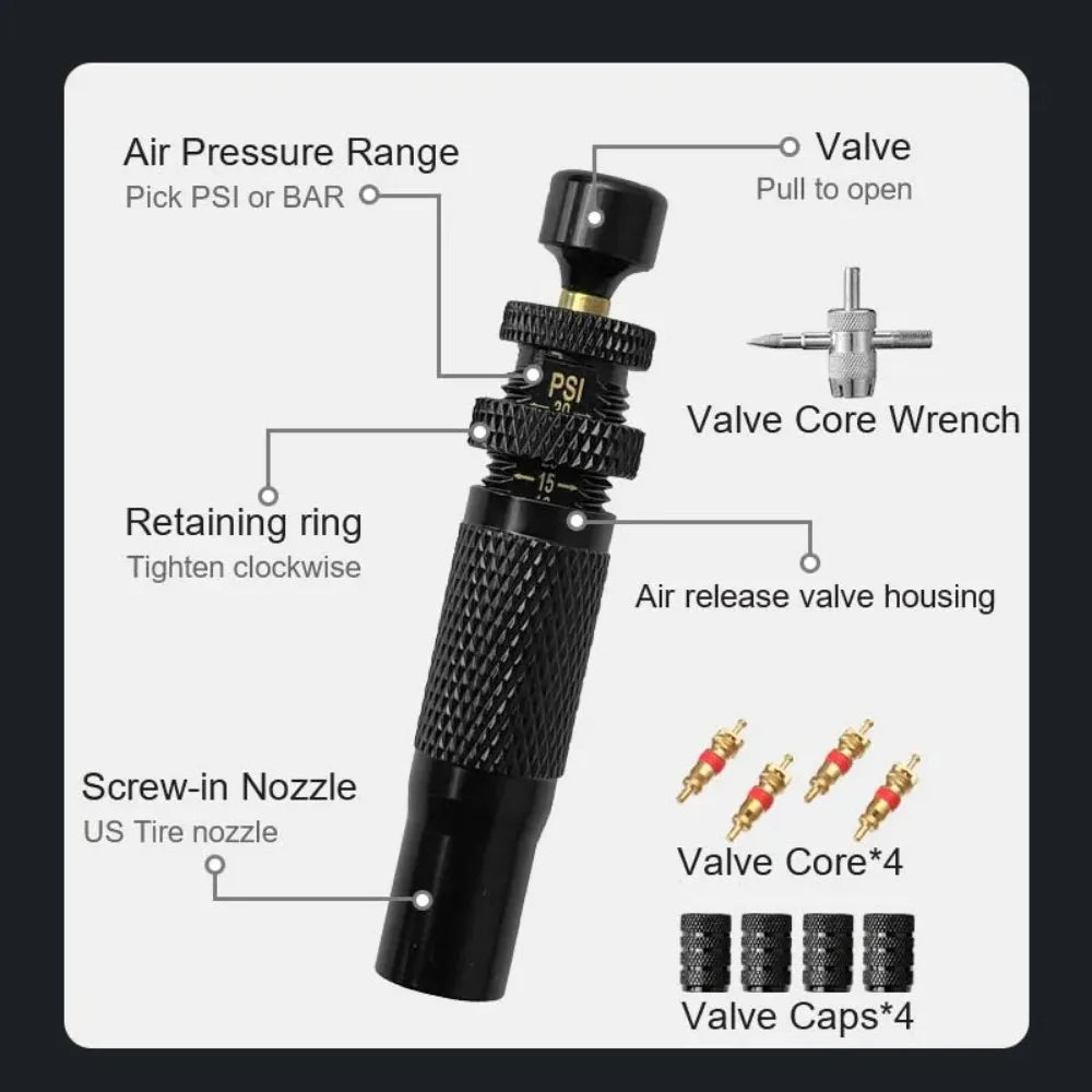4pcs Tire Pressure Reduction Kit 10-30 PSI/0.7-2.1 BAR Auto-Stop Deflator Valve Set for Offroad Motorcycle SUV and Truck Tires