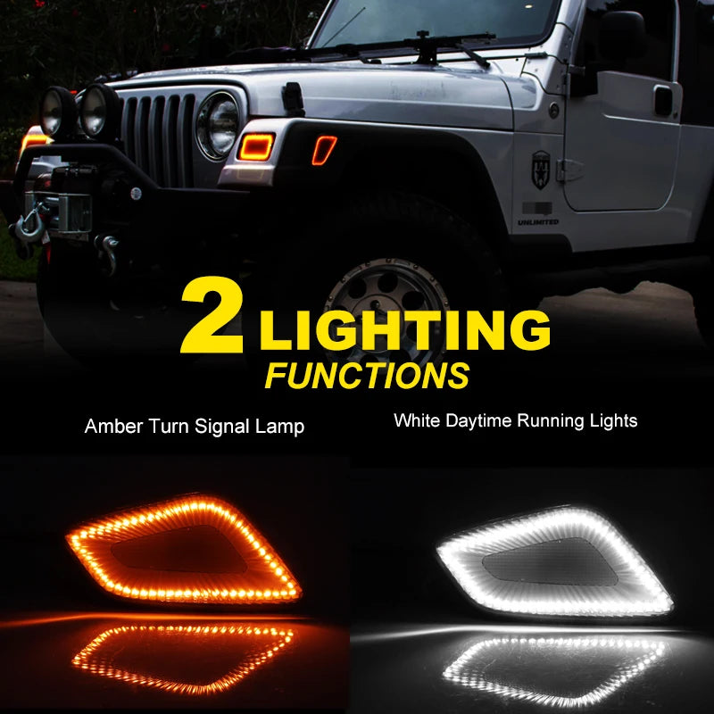 iJDM Car LED Signal Light For Jeep Wrangler TJ 1997-2006 Front Bumper Parking Lamp & Front Fender Side Marker Lamps Black Shell