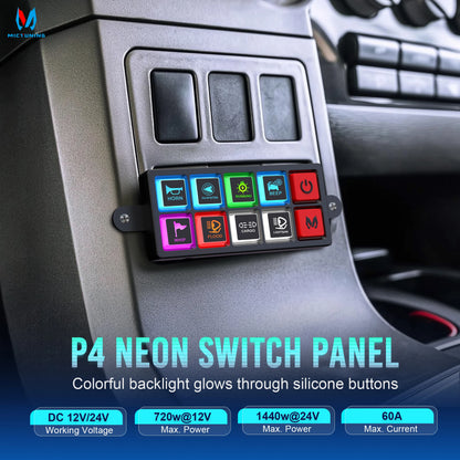 MICTUNING P4-NEON 4/8 Gang Switch Panel,Color-Coded Backlit Silicone Buttons,Universal Circuit Control Relay System Box For Car