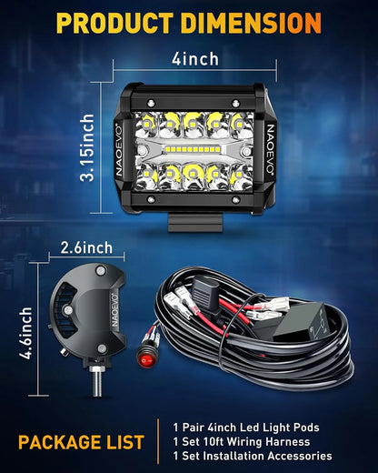 NAOEVO 4 Inch 2Pcs LED Pod Lights Spot Flood Combo LED Fog Driving 4x4 Off Road Lights Work Lights for Truck Boat ATV UTV Jeep