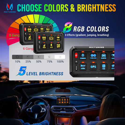 MICTUNING P1S-R 6/8 Gang Switch Panel RGB Colors Adjustable Brightness Switch Momentary Circuit Control Relay System Box For SUV