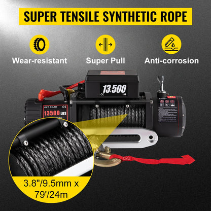 VEVOR 13500 LBS 12V Electric Winch Synthetic Tow Rope Winch 24M/92FT Lifting Hoist for 4X4 Car Trailer ATV Truck Off Road Boat