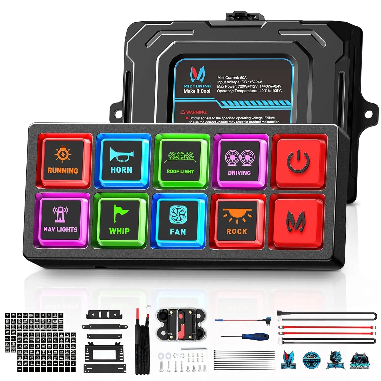 MICTUNING P4-NEON 4/8 Gang Switch Panel,Color-Coded Backlit Silicone Buttons,Universal Circuit Control Relay System Box For Car