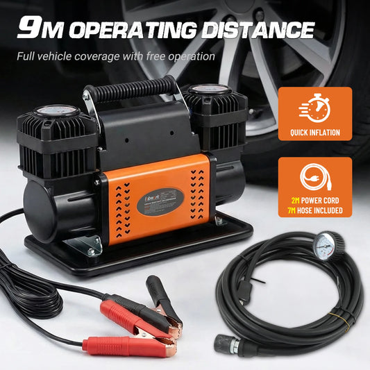 Hikity 1080W Tire Inflator Compressor 300L/min. 2 Adapters Dual Cylinder Air Pump 150PSI Portable High-Pressure Air Pump For Car Trucks