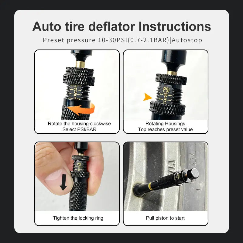 4pcs Tire Pressure Reduction Kit 10-30 PSI/0.7-2.1 BAR Auto-Stop Deflator Valve Set for Offroad Motorcycle SUV and Truck Tires