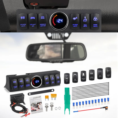 6 Gang Switch Panel for Jeep Wrangler JK 2007-2018 Switch Control System Box Wiring Harness Kit Voltage Meter Digital Display