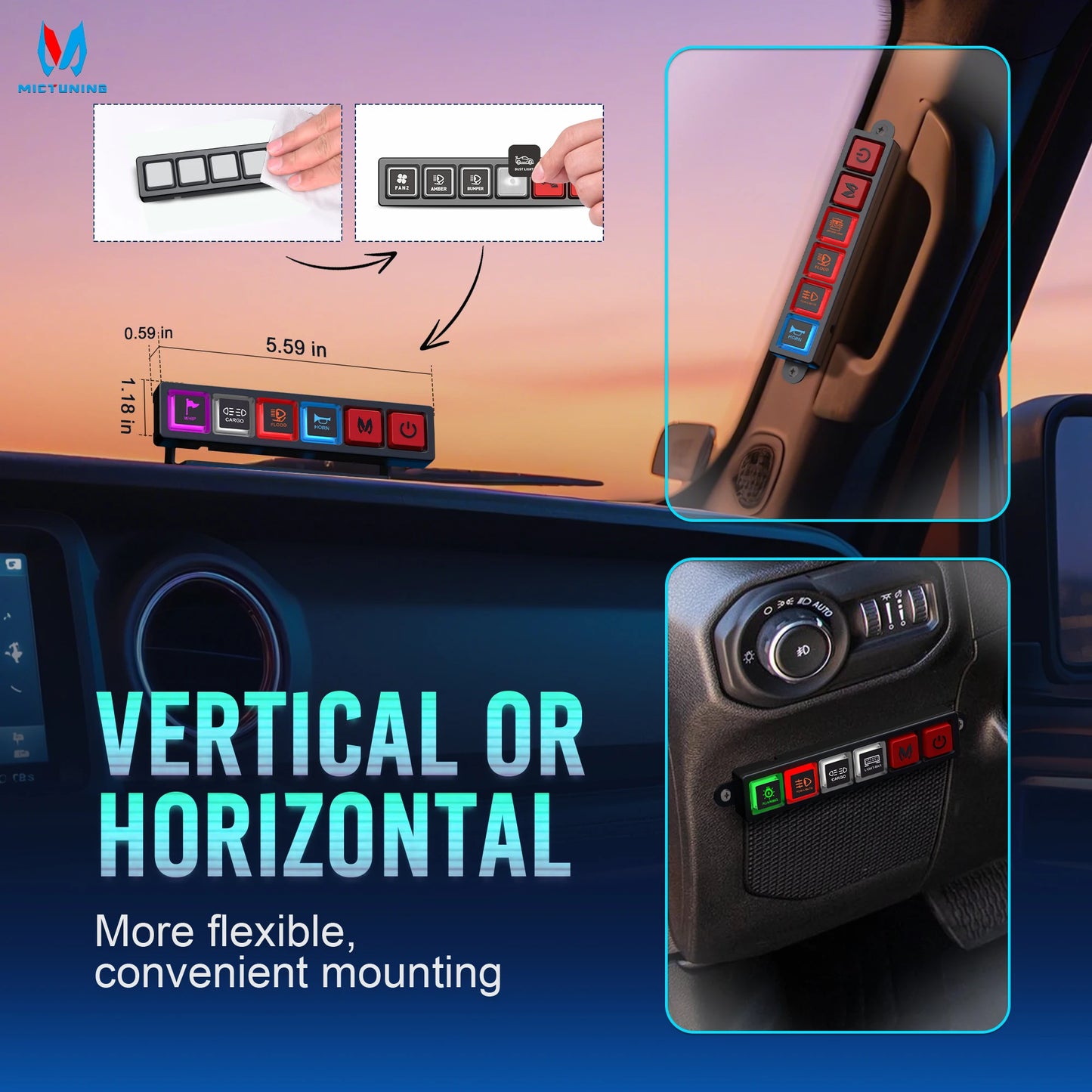 MICTUNING P4 Neon Switch Panel,Color-Coded Backlit Silicone Buttons,Universal Relay Control System Box For Car Pickup Truck UTV