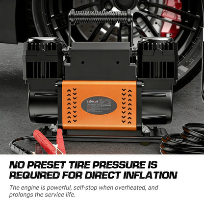 Hikity 1080W Tire Inflator Compressor 300L/min. 2 Adapters Dual Cylinder Air Pump 150PSI Portable High-Pressure Air Pump For Car Trucks