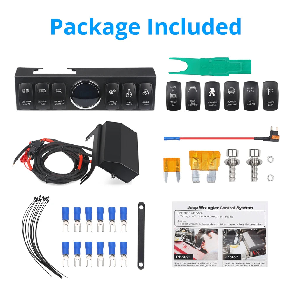 6 Gang Switch Panel for Jeep Wrangler JK 2007-2018 Switch Control System Box Wiring Harness Kit Voltage Meter Digital Display