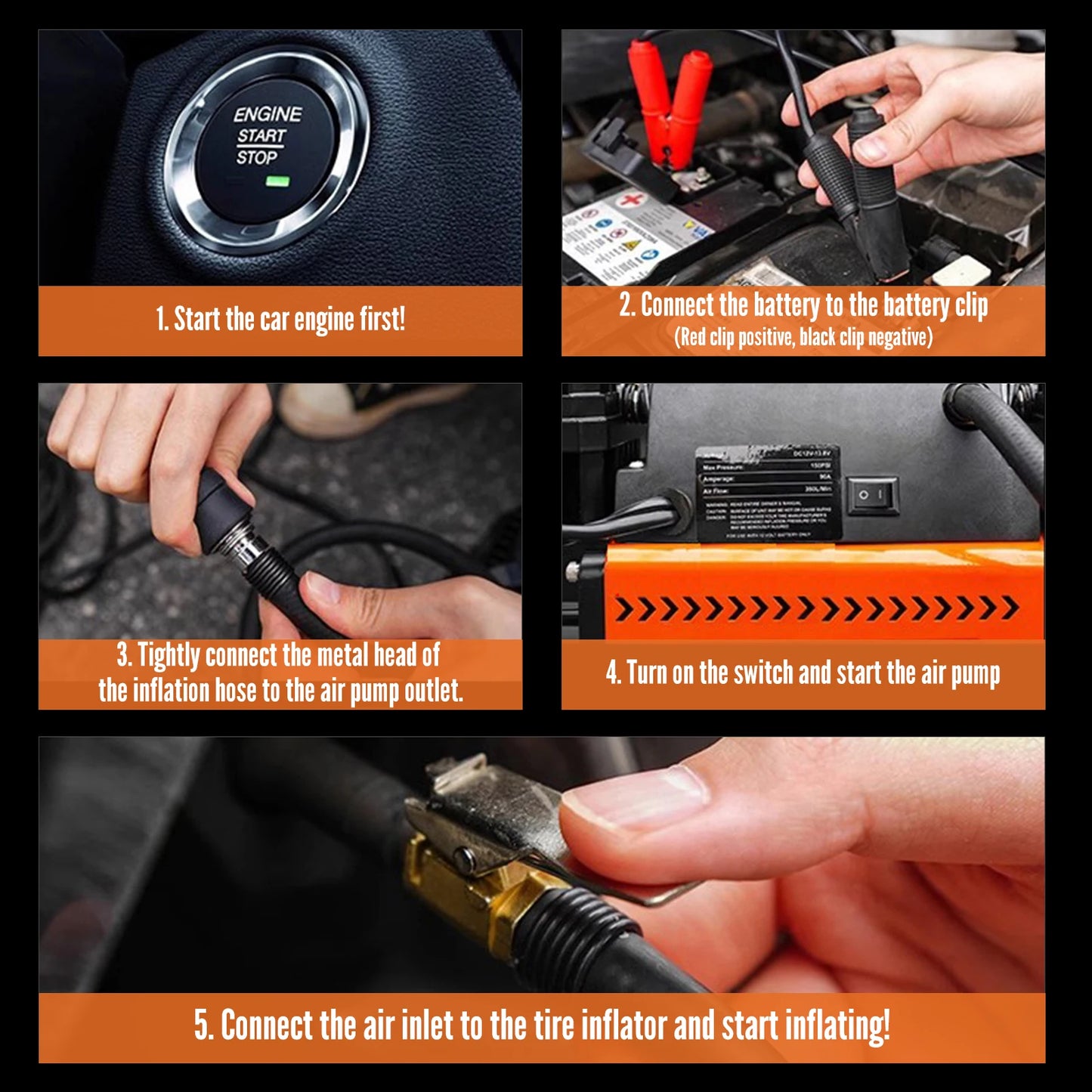 Hikity 1080W Tire Inflator Compressor 300L/min. 2 Adapters Dual Cylinder Air Pump 150PSI Portable High-Pressure Air Pump For Car Trucks