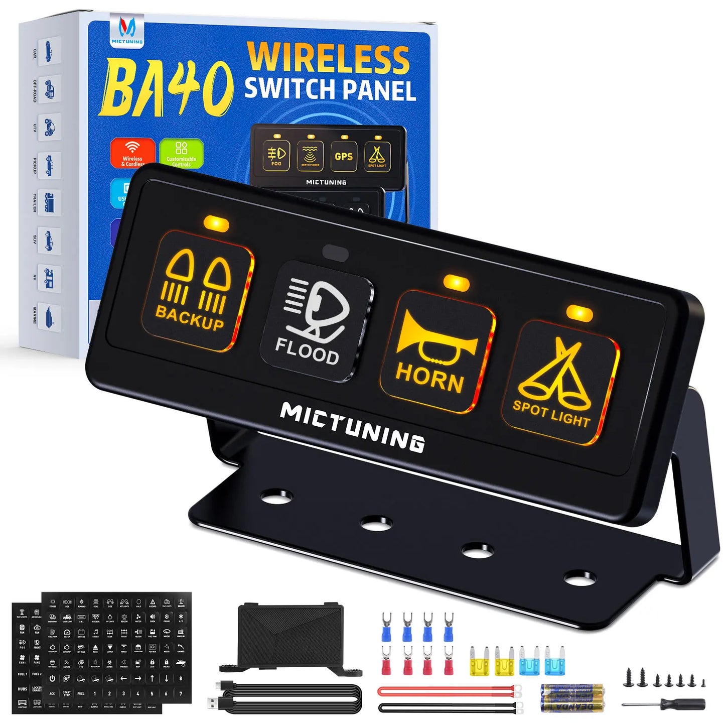 MICTUNING Wireless 6 Gang Switch Panel, with 2 Light Memory Function, 80A Circuit Control Relay Switch Box for 12V Truck SUV UTV