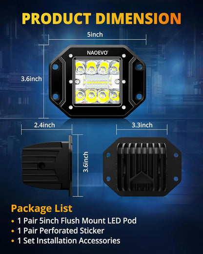 NAOEVO 5 Inch Flush Mount LED Pods Lights 40W 4000LM Spot Flood Combo LED Light Bar Offroad Driving Fog Lights LED Work Lights