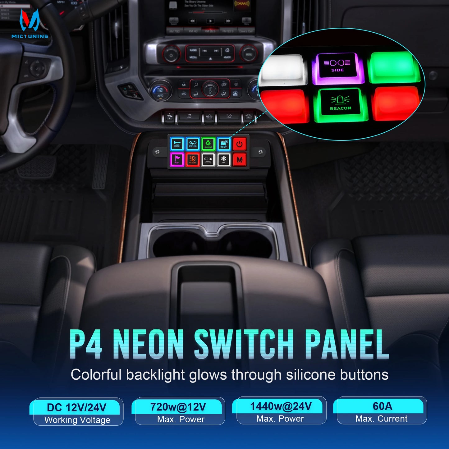 MICTUNING P4-NEON 4/8 Gang Switch Panel,Color-Coded Backlit Silicone Buttons,Universal Circuit Control Relay System Box For Car
