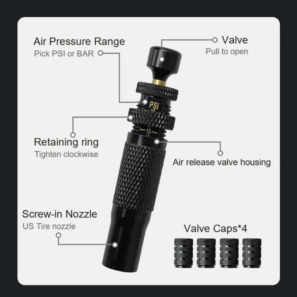 4pcs Tire Pressure Reduction Kit 10-30 PSI/0.7-2.1 BAR Auto-Stop Deflator Valve Set for Offroad Motorcycle SUV and Truck Tires