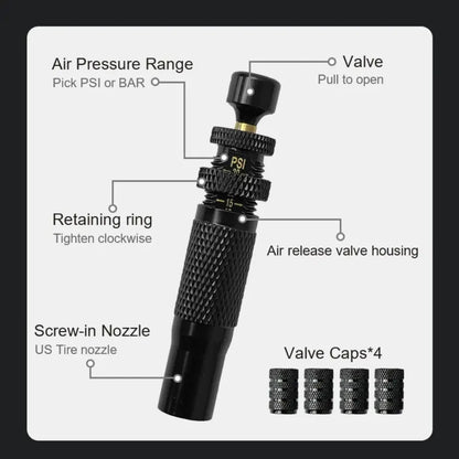 4pcs Tire Pressure Reduction Kit 10-30 PSI/0.7-2.1 BAR Auto-Stop Deflator Valve Set for Offroad Motorcycle SUV and Truck Tires