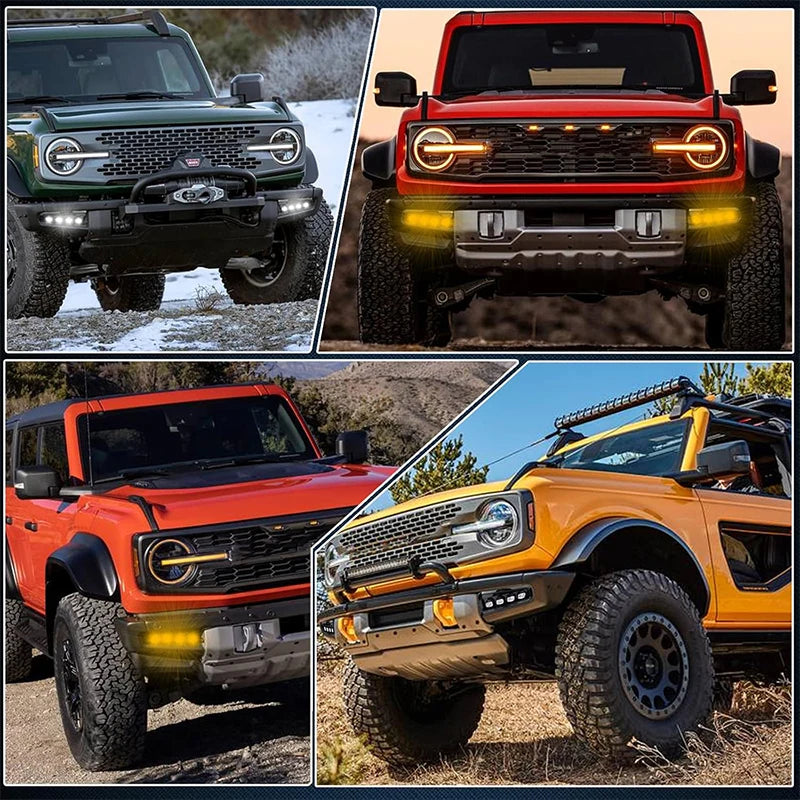 For Ford Bronco Front Bumper Reflector Replacement LED Assembly White DRL Fog Lights Dynamic Amber Turn Signal Lights 21-24