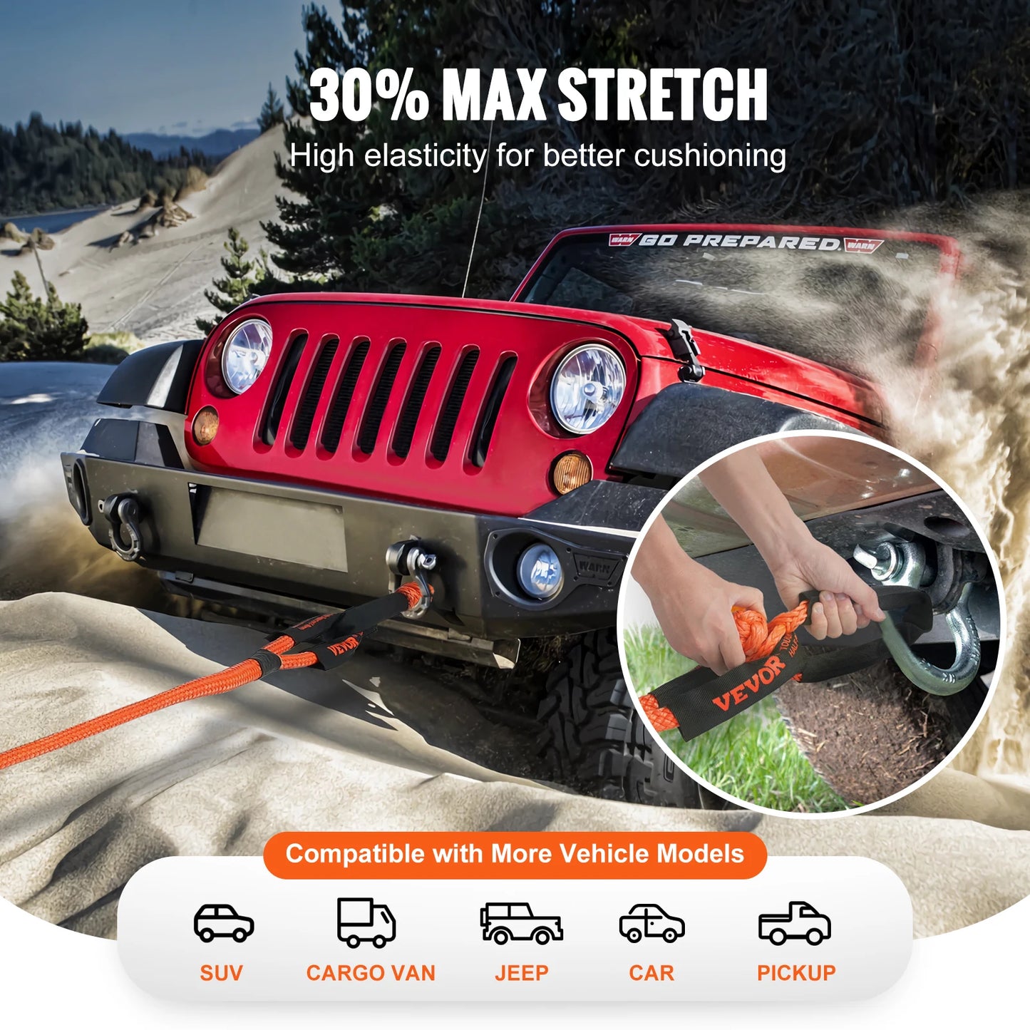 SucceBuy 20/30ft Car Towing Rope Off Road Snatch Tow Strap Rescue Recovery Resistant Which Rope for Jeep Car Truck ATV Tractor