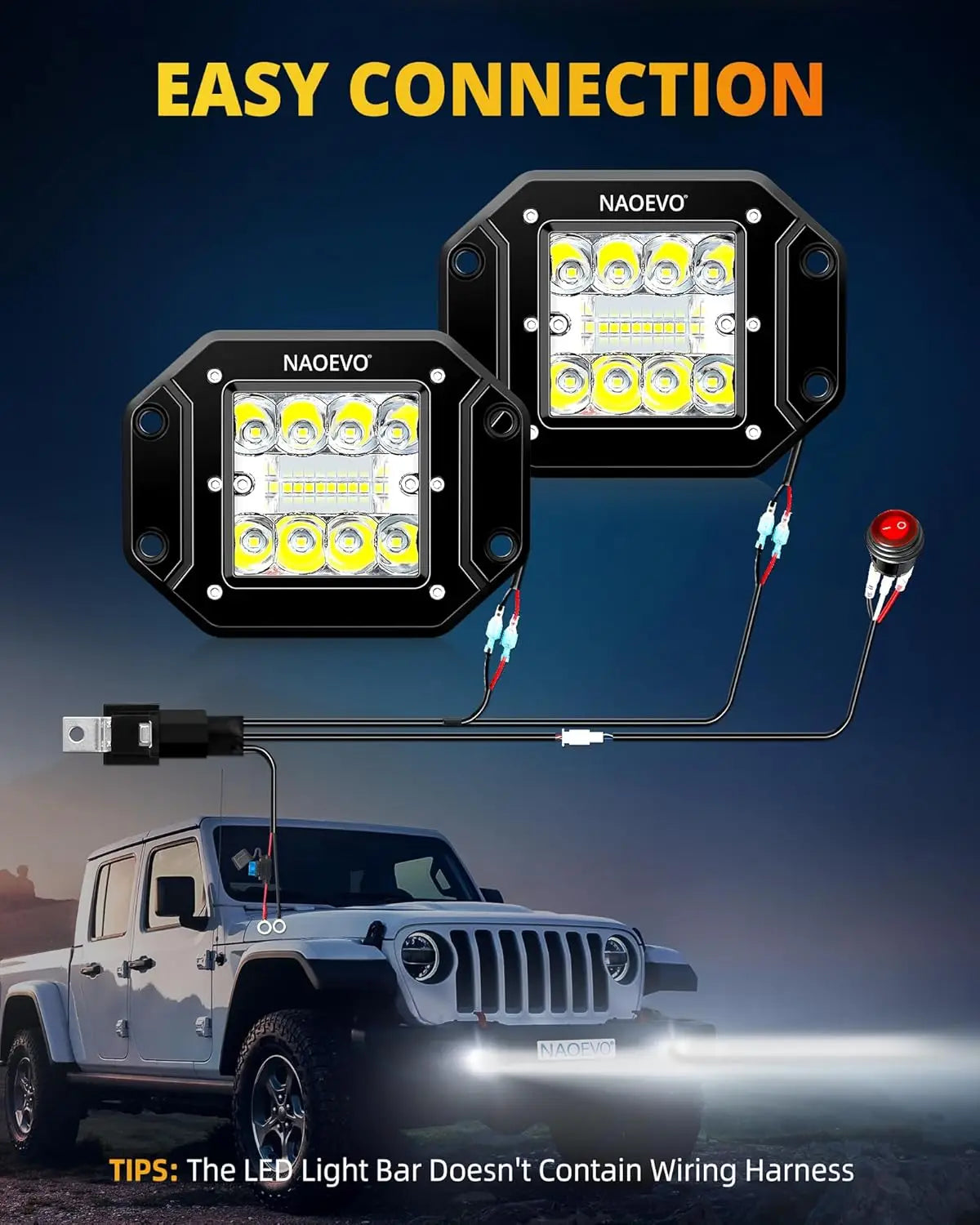 NAOEVO 5 Inch Flush Mount LED Pods Lights 40W 4000LM Spot Flood Combo LED Light Bar Offroad Driving Fog Lights LED Work Lights