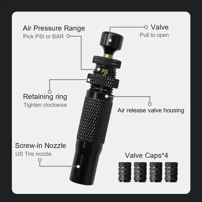 4pcs Tire Pressure Reduction Kit 10-30 PSI/0.7-2.1 BAR Auto-Stop Deflator Valve Set for Offroad Motorcycle SUV and Truck Tires