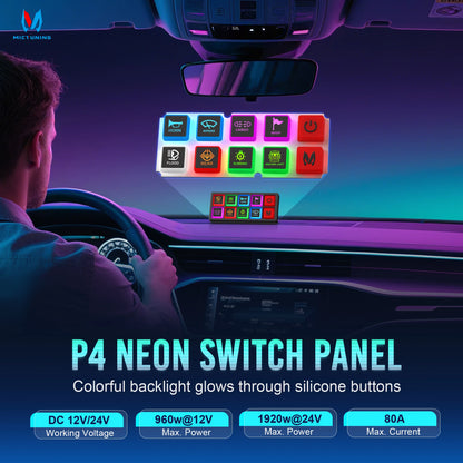 MICTUNING P4-NEON 4/8 Gang Switch Panel,Color-Coded Backlit Silicone Buttons,Universal Circuit Control Relay System Box For Car