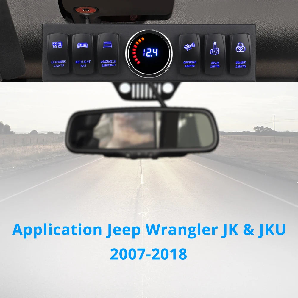 6 Gang Switch Panel for Jeep Wrangler JK 2007-2018 Switch Control System Box Wiring Harness Kit Voltage Meter Digital Display