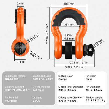 SucceBuy 2Pcs 3/4" D-Ring Shackle 62832lb Break Strength Bow Shackles with Isolator & Washers for Jeep Off-Road Vehicle Recovery
