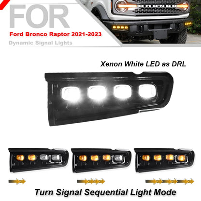 For Ford Bronco Front Bumper Reflector Replacement LED Assembly White DRL Fog Lights Dynamic Amber Turn Signal Lights 21-24