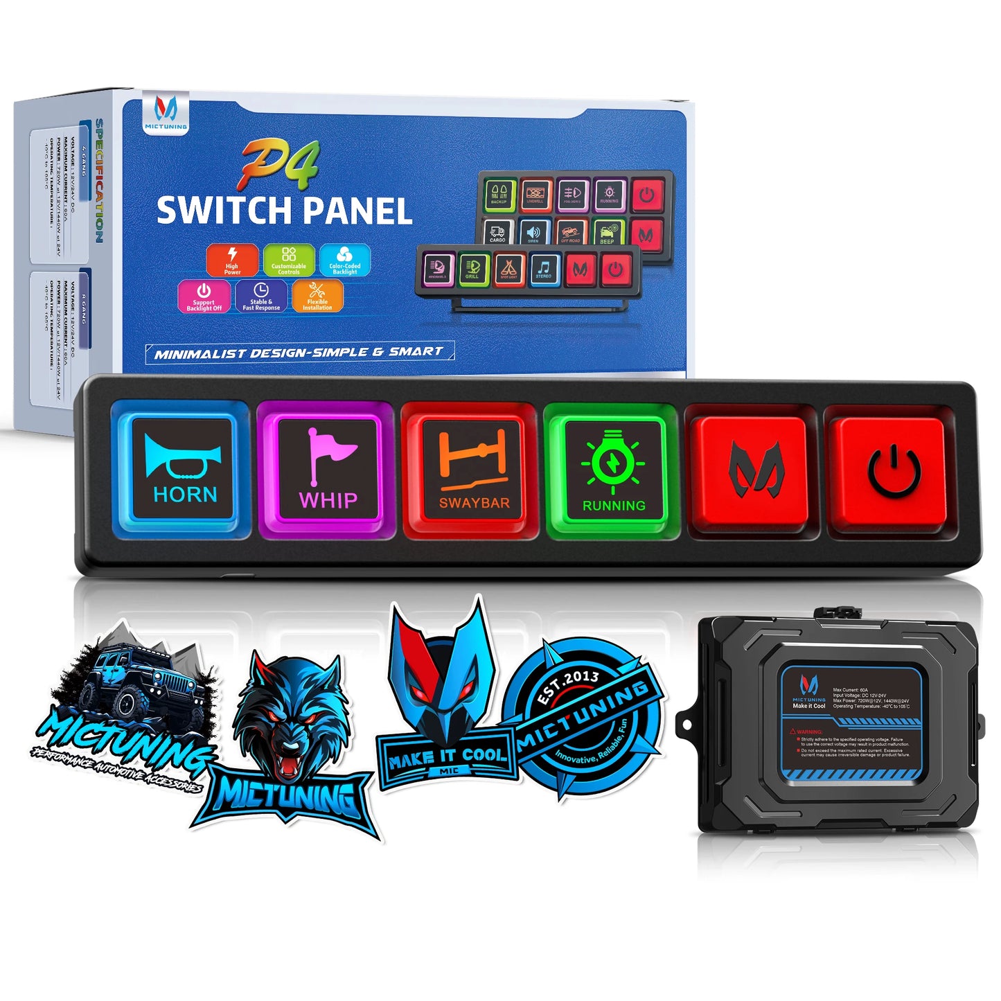 MICTUNING P4 Neon Switch Panel,Color-Coded Backlit Silicone Buttons,Universal Relay Control System Box For Car Pickup Truck UTV