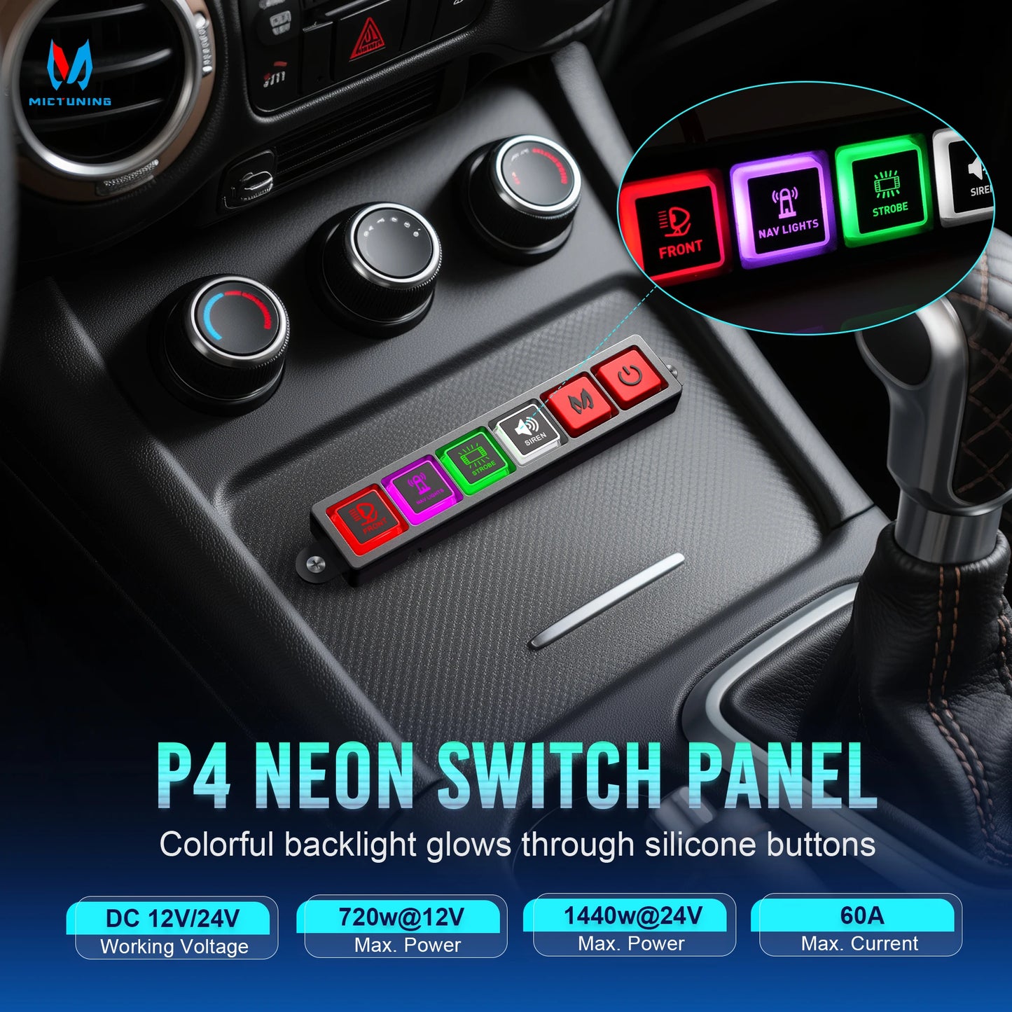 MICTUNING P4 Neon Switch Panel,Color-Coded Backlit Silicone Buttons,Universal Relay Control System Box For Car Pickup Truck UTV