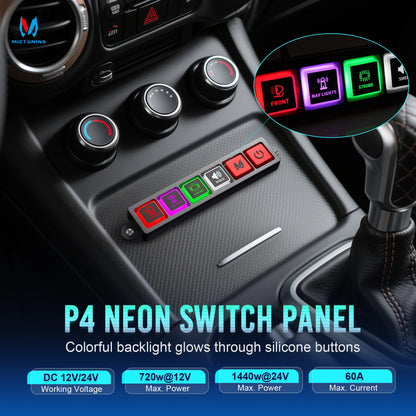 MICTUNING P4 Neon Switch Panel,Color-Coded Backlit Silicone Buttons,Universal Relay Control System Box For Car Pickup Truck UTV