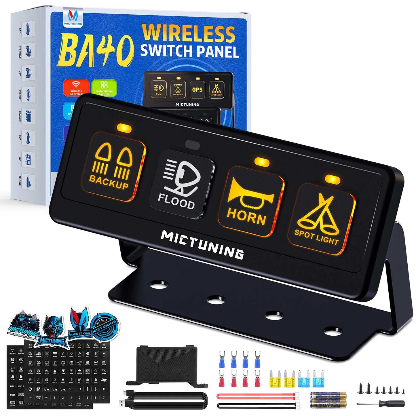 MICTUNING Wireless 6 Gang Switch Panel, with 2 Light Memory Function, 80A Circuit Control Relay Switch Box for 12V Truck SUV UTV