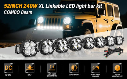 52 Inch 8Pcs 30W Cube LED Pod Light Spot Flood Combo Beam Work Lights,5500K Off-Road Driving Lamp for ATV,UTV,Truck,Motorcycle