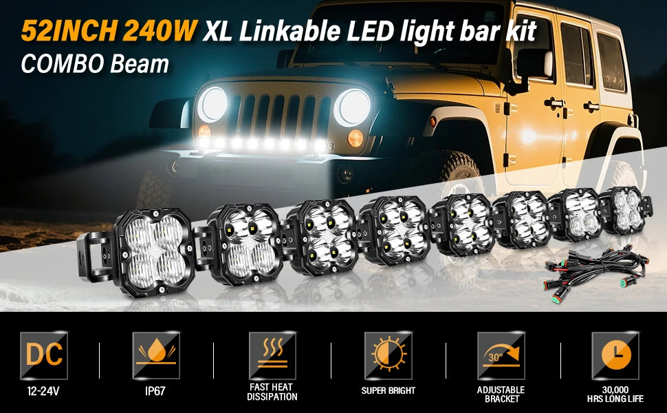 20-52 Inch 30W Cube LED Pod Light Spot Flood Combo Beam Work Lights,5500K Car Off-Road Driving Lamp for ATV,UTV,Truck,Motorcycle