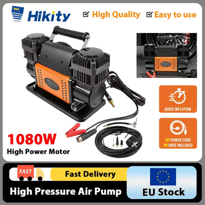 Hikity 1080W Tire Inflator Compressor 300L/min. 2 Adapters Dual Cylinder Air Pump 150PSI Portable High-Pressure Air Pump For Car Trucks
