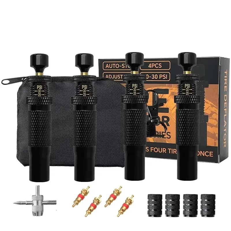 4pcs Tire Pressure Reduction Kit 10-30 PSI/0.7-2.1 BAR Auto-Stop Deflator Valve Set for Offroad Motorcycle SUV and Truck Tires