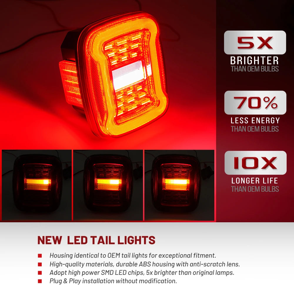 TJ YJ Taillights Replacement For Jeep Wrangler 1987-2006 LED Square Dynamic Amber Turn Signal/Tail Running/Brake/Backup Lights