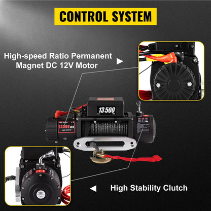 VEVOR 13500 LBS 12V Electric Winch Synthetic Tow Rope Winch 24M/92FT Lifting Hoist for 4X4 Car Trailer ATV Truck Off Road Boat