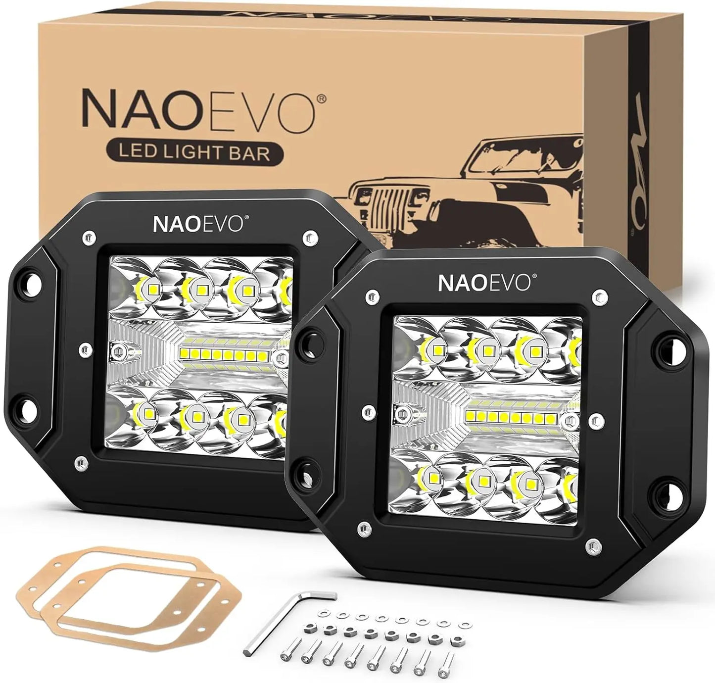 NAOEVO 5 Inch Flush Mount LED Pods Lights 40W 4000LM Spot Flood Combo LED Light Bar Offroad Driving Fog Lights LED Work Lights