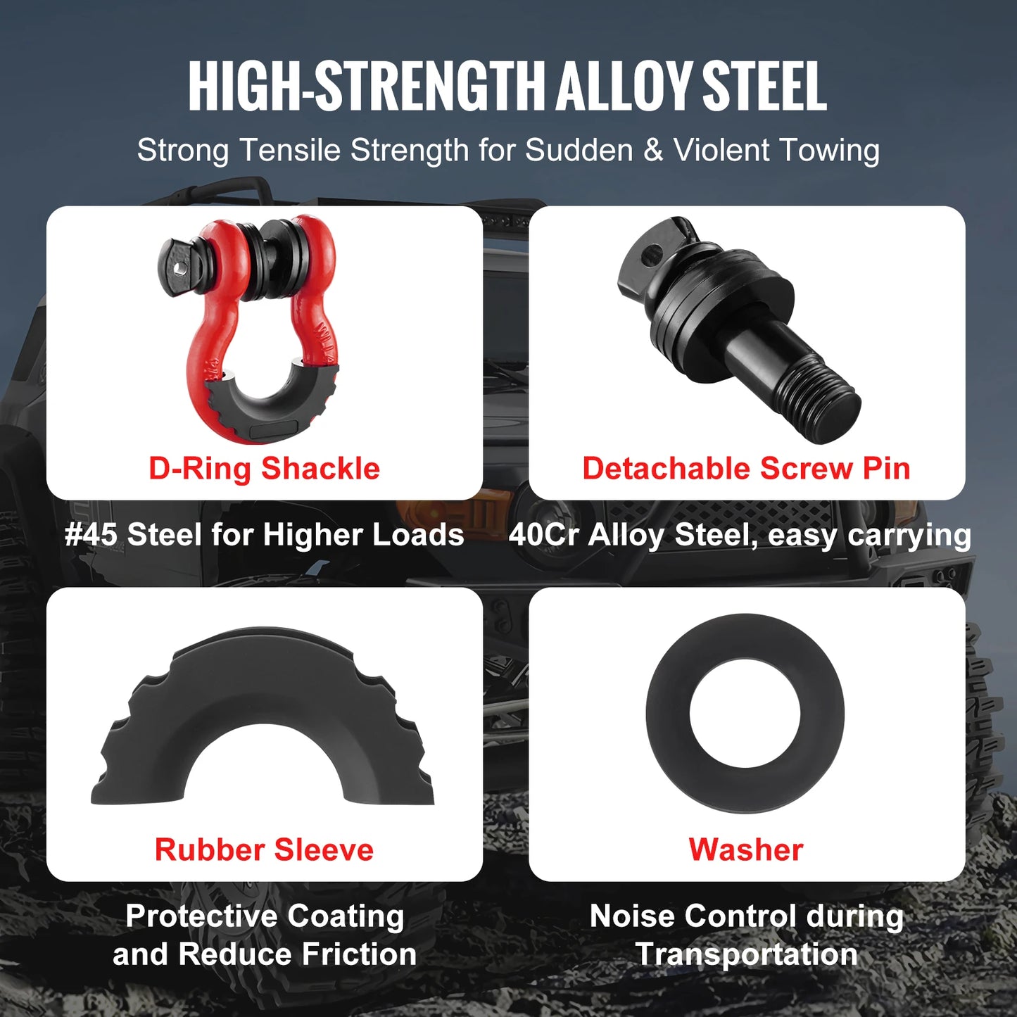 SucceBuy 2Pcs 3/4" D-Ring Shackle 62832lb Break Strength Bow Shackles with Isolator & Washers for Jeep Off-Road Vehicle Recovery