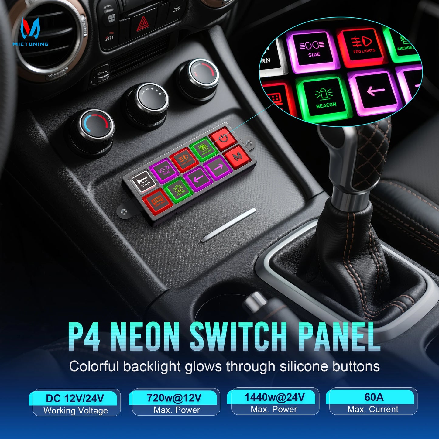MICTUNING P4-NEON 4/8 Gang Switch Panel,Color-Coded Backlit Silicone Buttons,Universal Circuit Control Relay System Box For Car