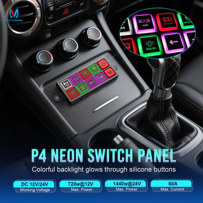 MICTUNING P4-NEON 4/8 Gang Switch Panel,Color-Coded Backlit Silicone Buttons,Universal Circuit Control Relay System Box For Car