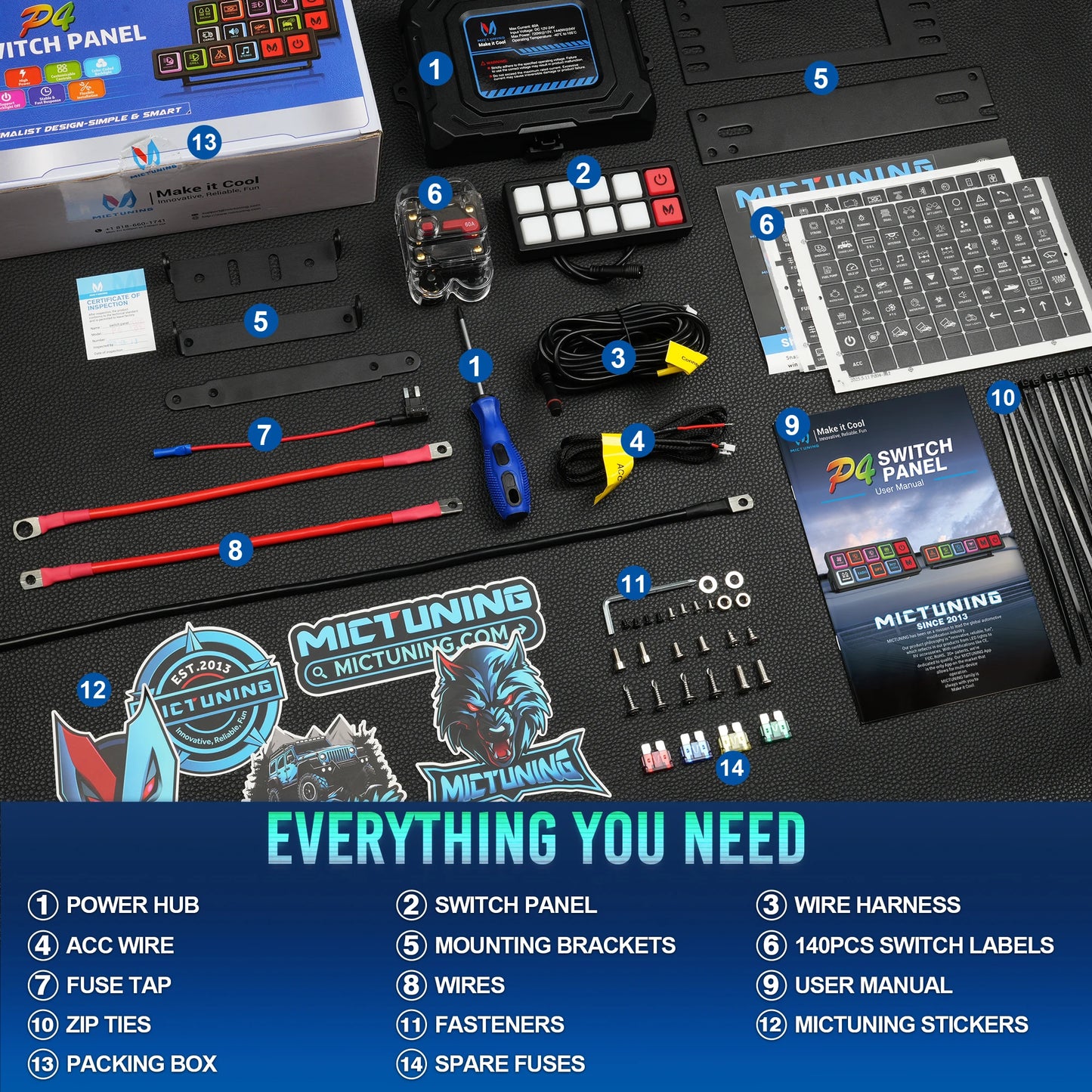 MICTUNING P4-NEON 4/8 Gang Switch Panel,Color-Coded Backlit Silicone Buttons,Universal Circuit Control Relay System Box For Car